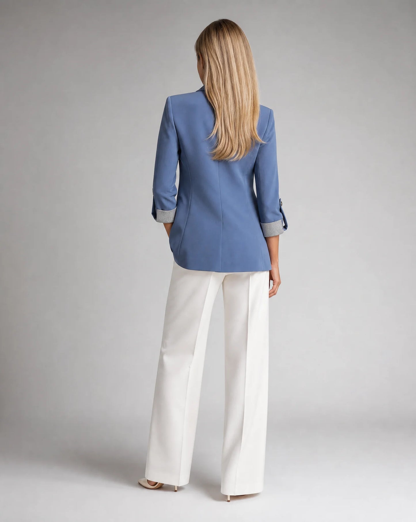 Women's haze blue blazer with rolled sleeves and refined smart casual look by ILYNORA
