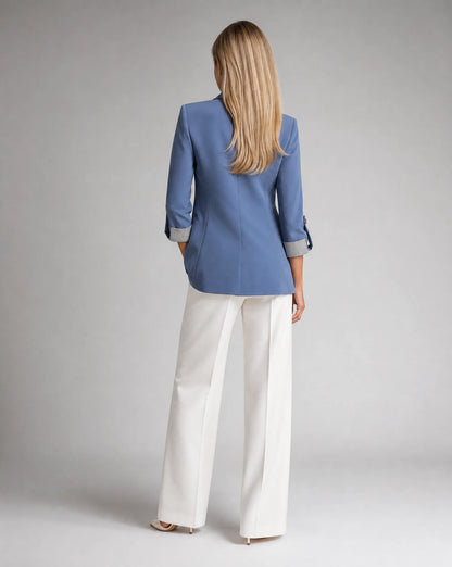 Women's haze blue blazer with rolled sleeves and refined smart casual look by ILYNORA