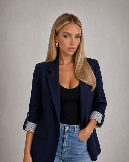Women's navy blue tailored longline blazer with timeless office and evening style by ILYNORA