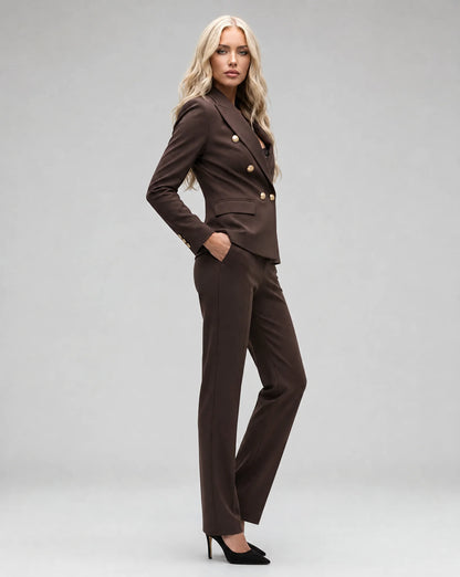 Brown tailored pantsuit side view with fitted trousers and sophisticated office wear by ILYNORA