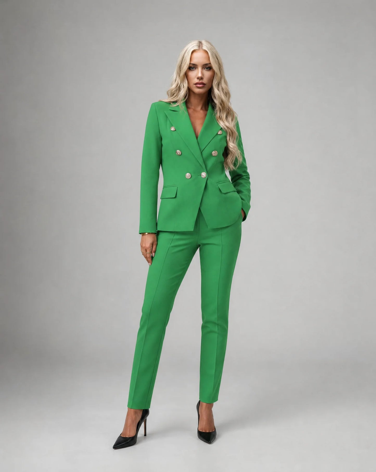Green tailored two piece pantsuit with fitted trousers and statement smart casual styling by ILYNORA