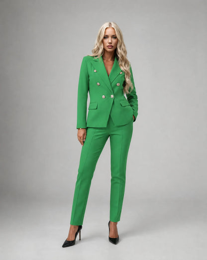 Green tailored two piece pantsuit with fitted trousers and statement smart casual styling by ILYNORA