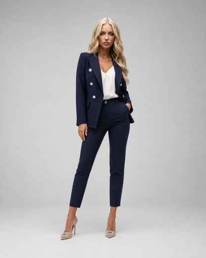 Navy tailored two piece pantsuit with structured blazer and sophisticated business styling by ILYNORA