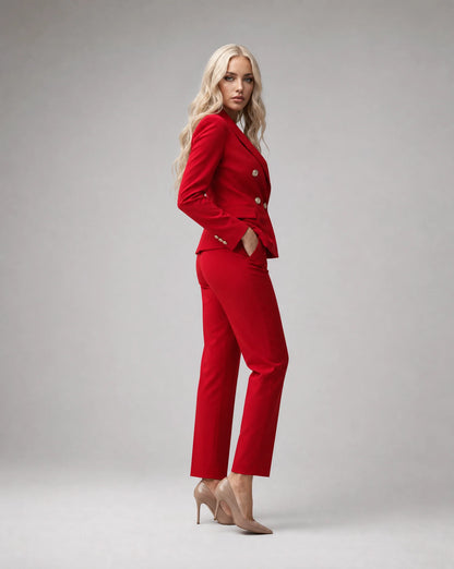 Red tailored pantsuit side view with structured silhouette and elegant formal styling by ILYNORA