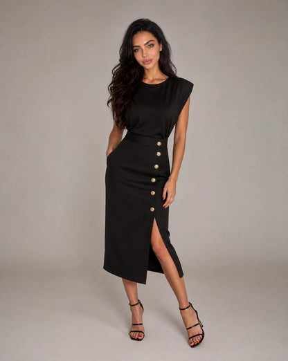 Women's black tailored pencil midi dress with side button accents and modern elegance by ILYNORA