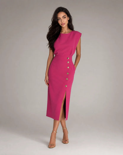 Women's hot pink tailored pencil midi dress with sophisticated fitted design by ILYNORA
