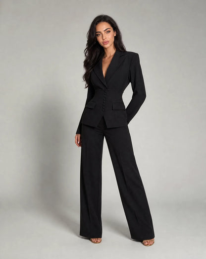 Black tailored two piece wide leg suit with fitted blazer and timeless formalwear styling by ILYNORA