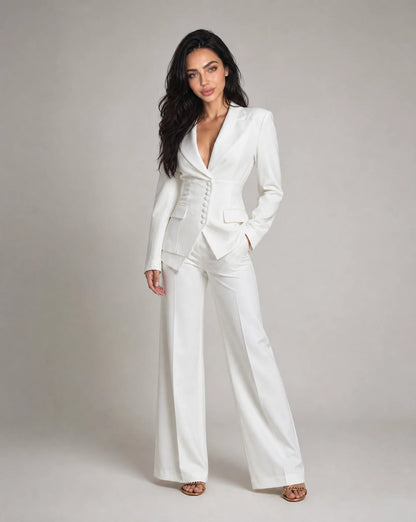 White tailored two piece wide leg suit with structured blazer and elegant occasion wear by ILYNORA