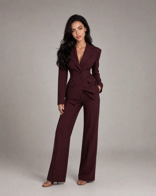 Wine red tailored two piece wide leg suit with fitted blazer and elegant formal styling by ILYNORA
