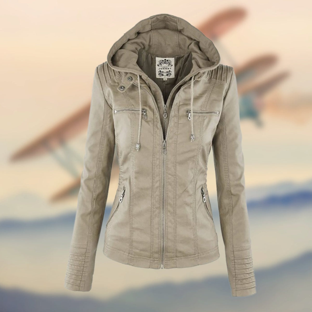 Women's Tan Leather Jacket with Biker Collar & Zip Pockets