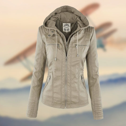 Women's Tan Leather Jacket with Biker Collar & Zip Pockets