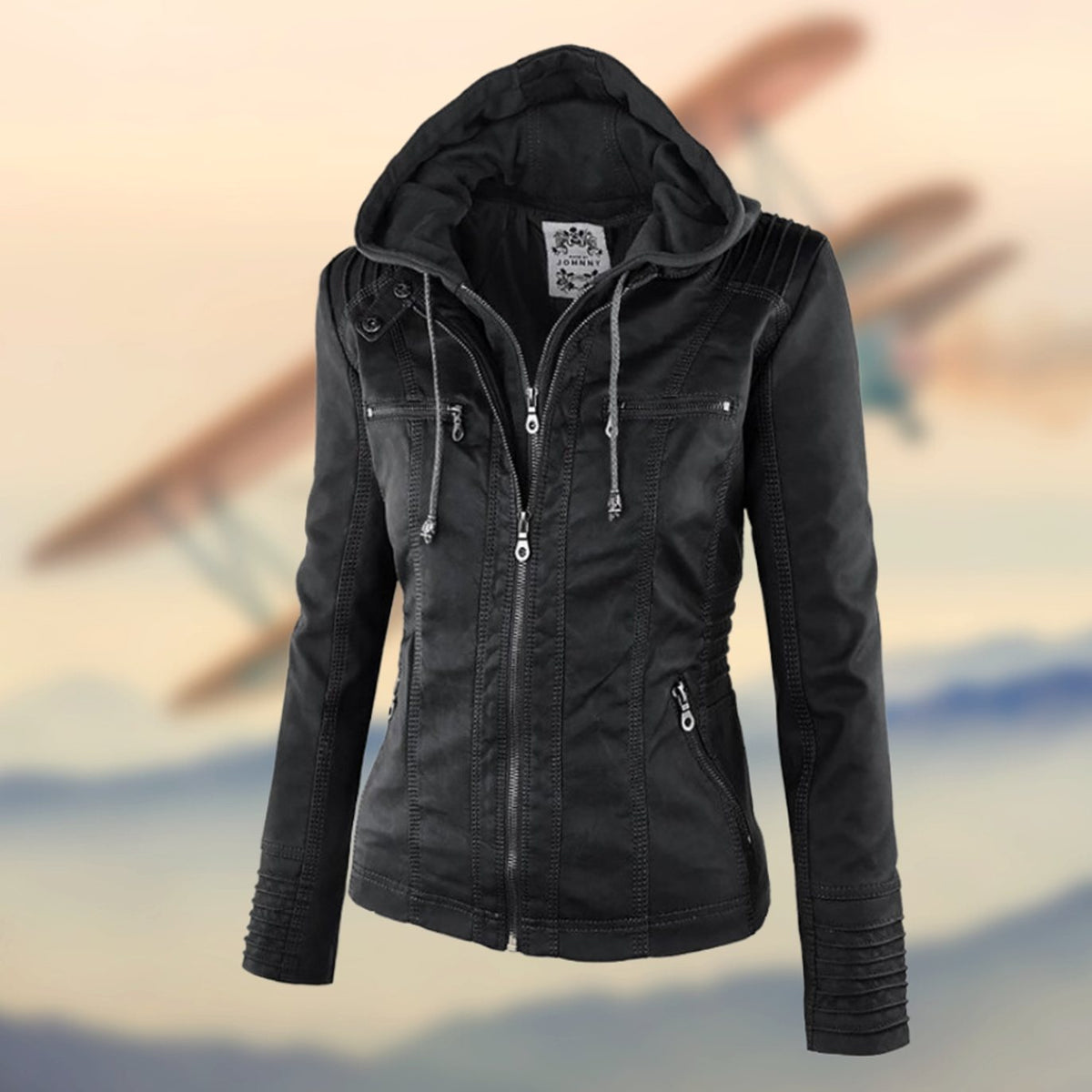 Women's Tan Leather Jacket with Biker Collar & Zip Pockets