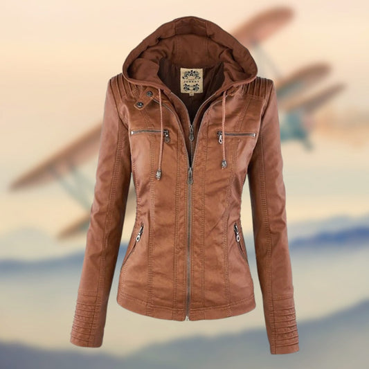 Women's Tan Leather Jacket with Biker Collar & Zip Pockets
