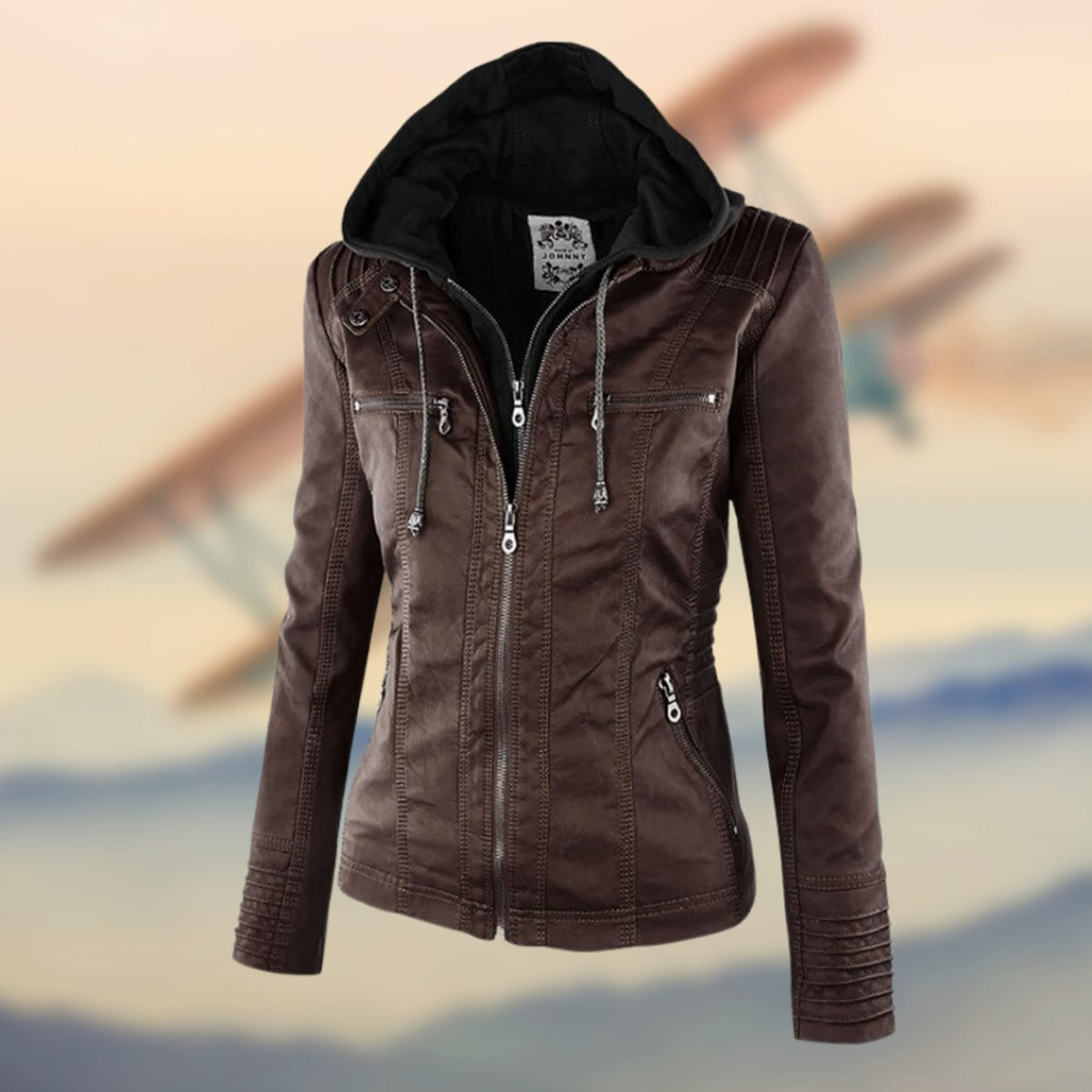 Women's Tan Leather Jacket with Biker Collar & Zip Pockets