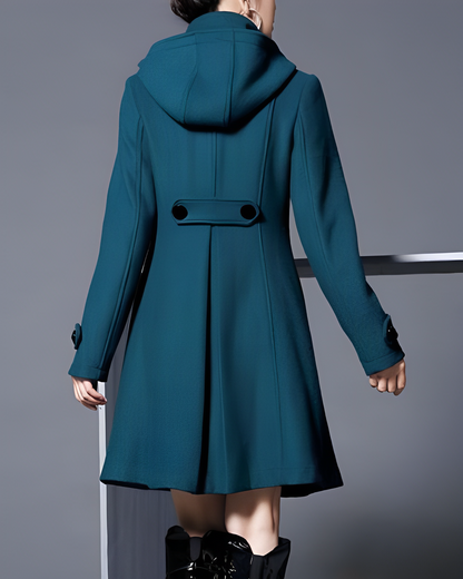 Women's Teal Longline Winter Coat with Hood & Side Pockets