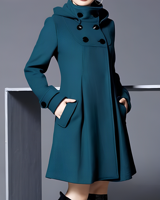 Women's Teal Longline Winter Coat with Hood & Side Pockets