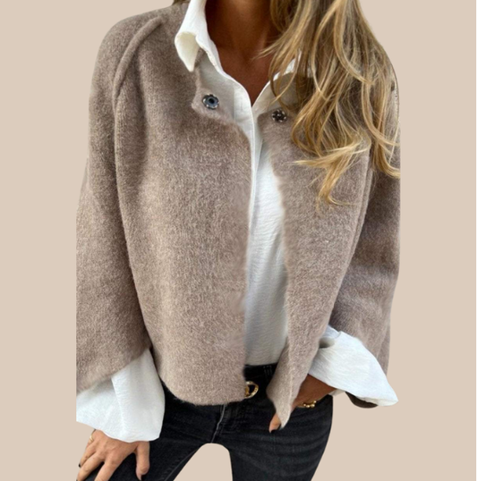 Women's Teddy Borg Jacket with Stand Collar and Button Front
