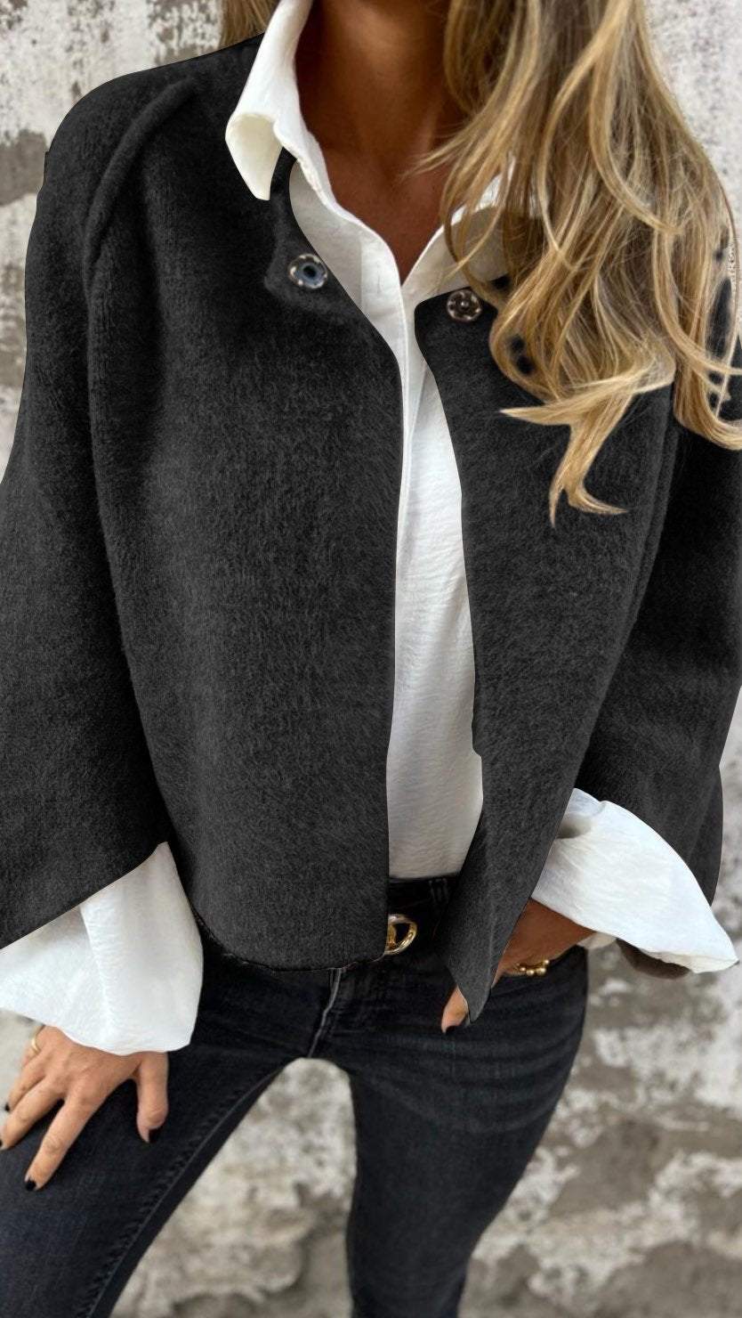 Women's Teddy Borg Jacket with Stand Collar and Button Front