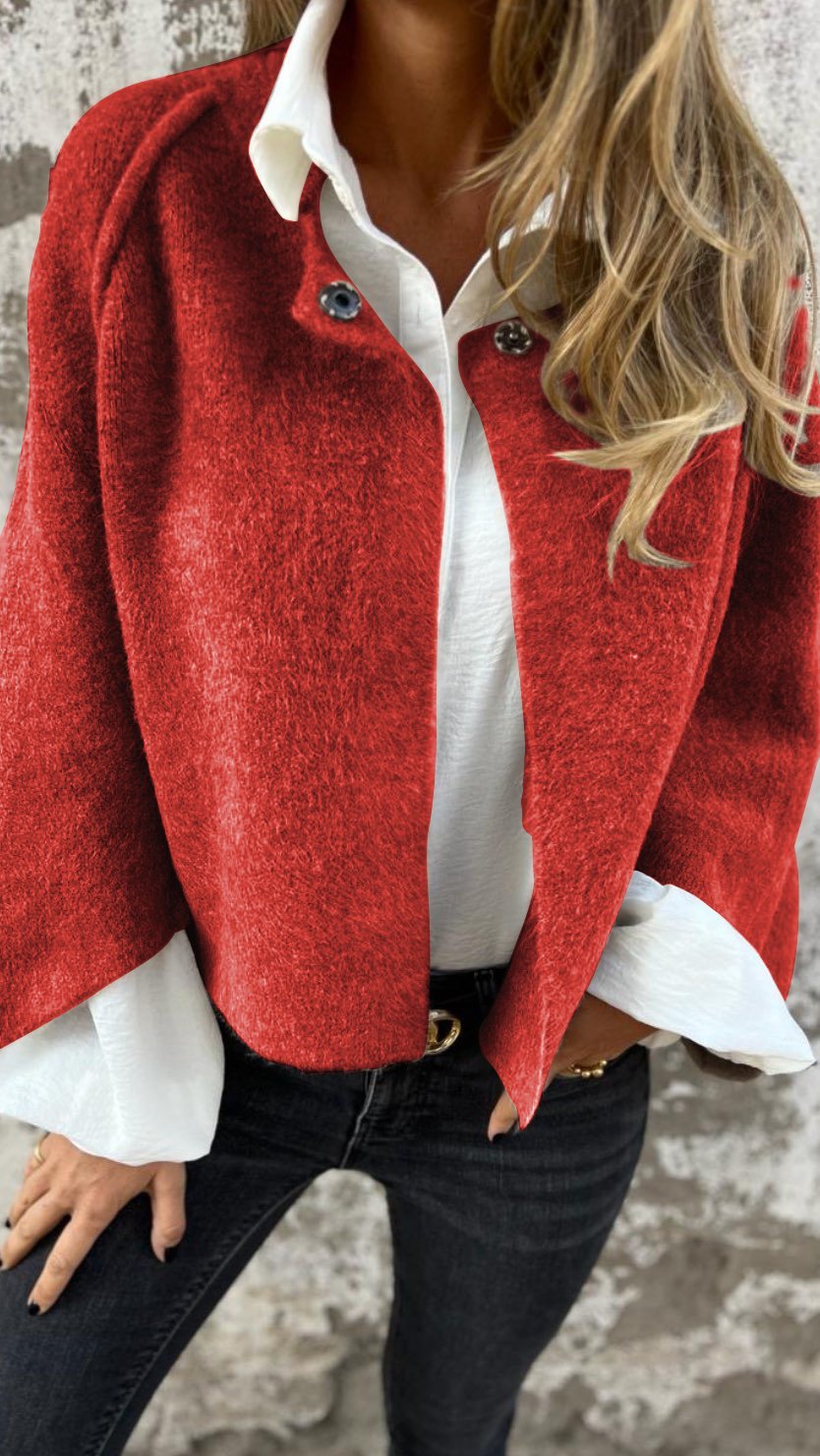 Women's Teddy Borg Jacket with Stand Collar and Button Front