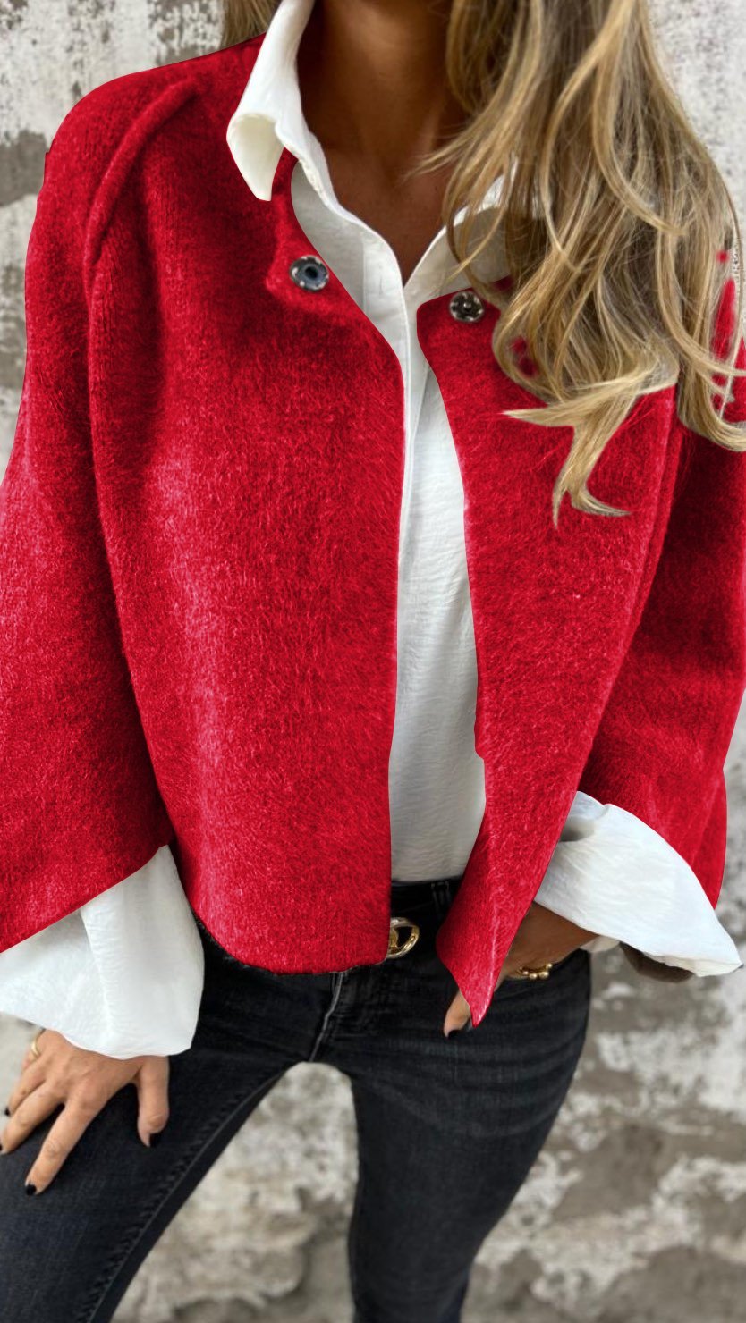 Women's Teddy Borg Jacket with Stand Collar and Button Front