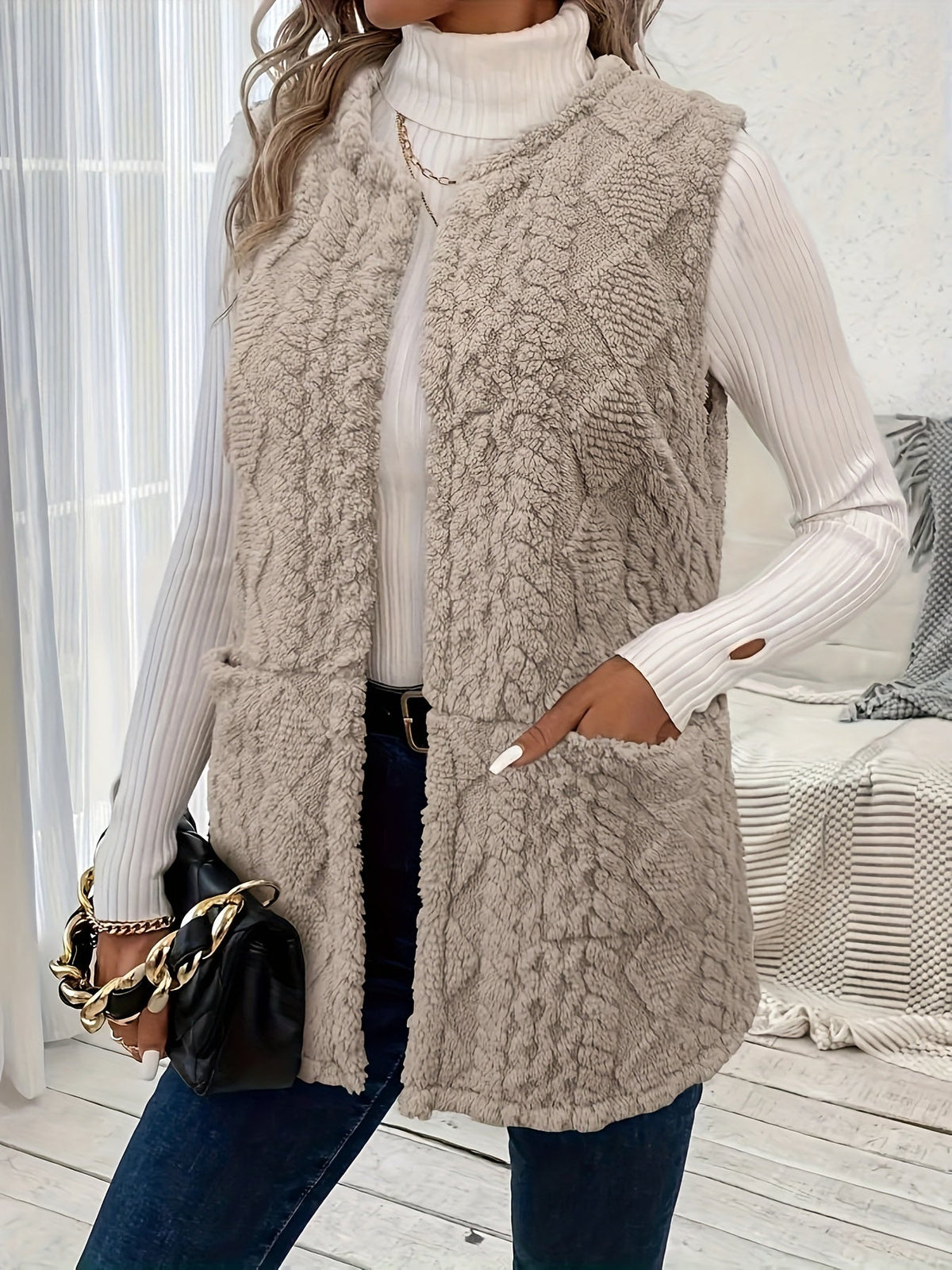 Women's Textured Longline Sleeveless Vest with pockets