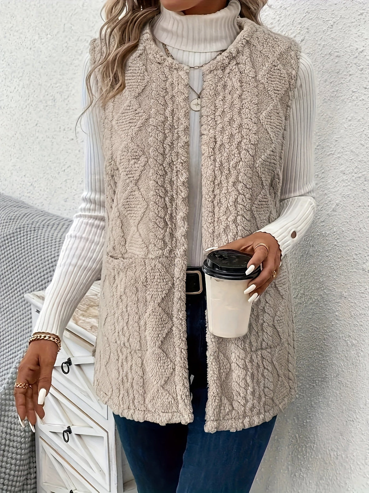 Women's Textured Longline Sleeveless Vest with pockets