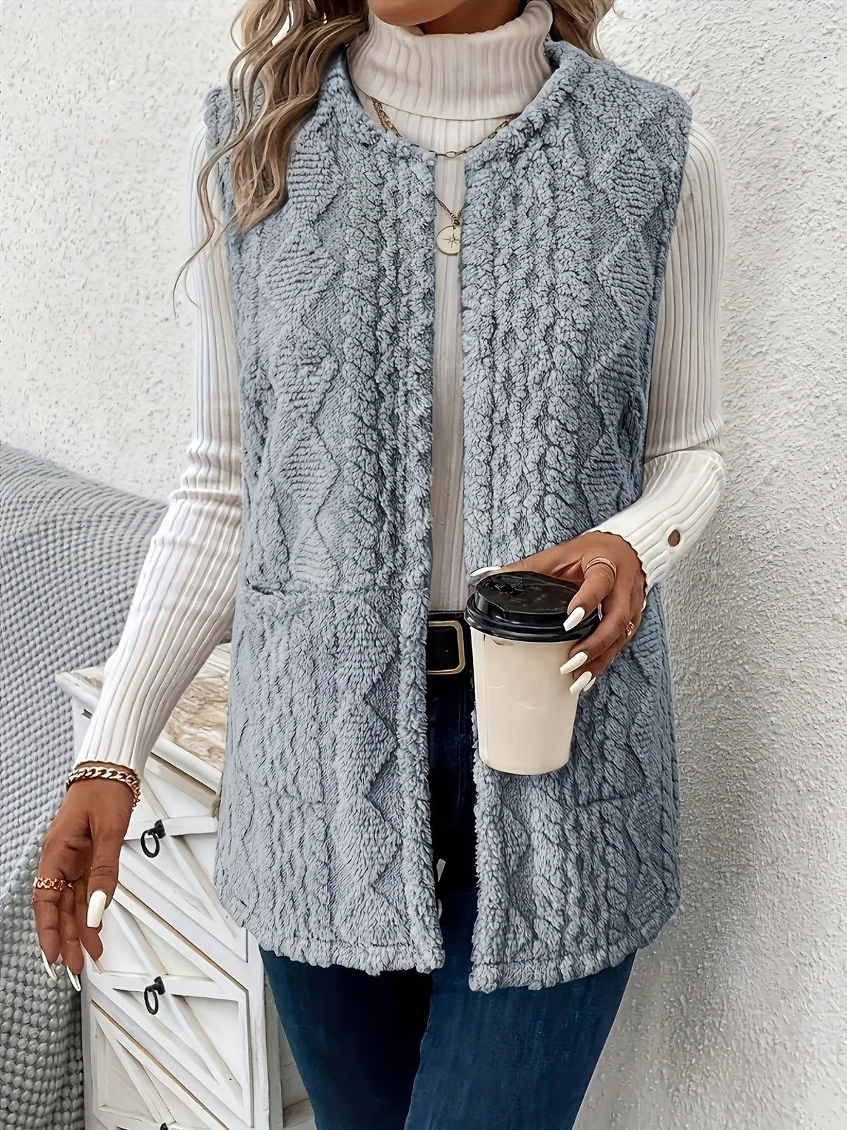 Women's Textured Longline Sleeveless Vest with pockets