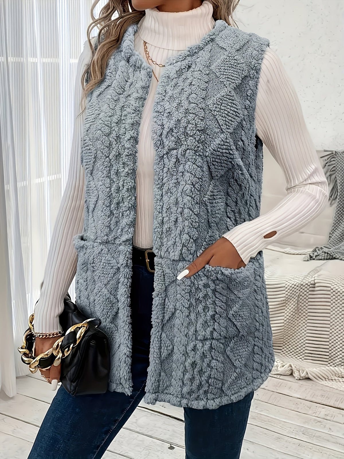 Women's Textured Longline Sleeveless Vest with pockets