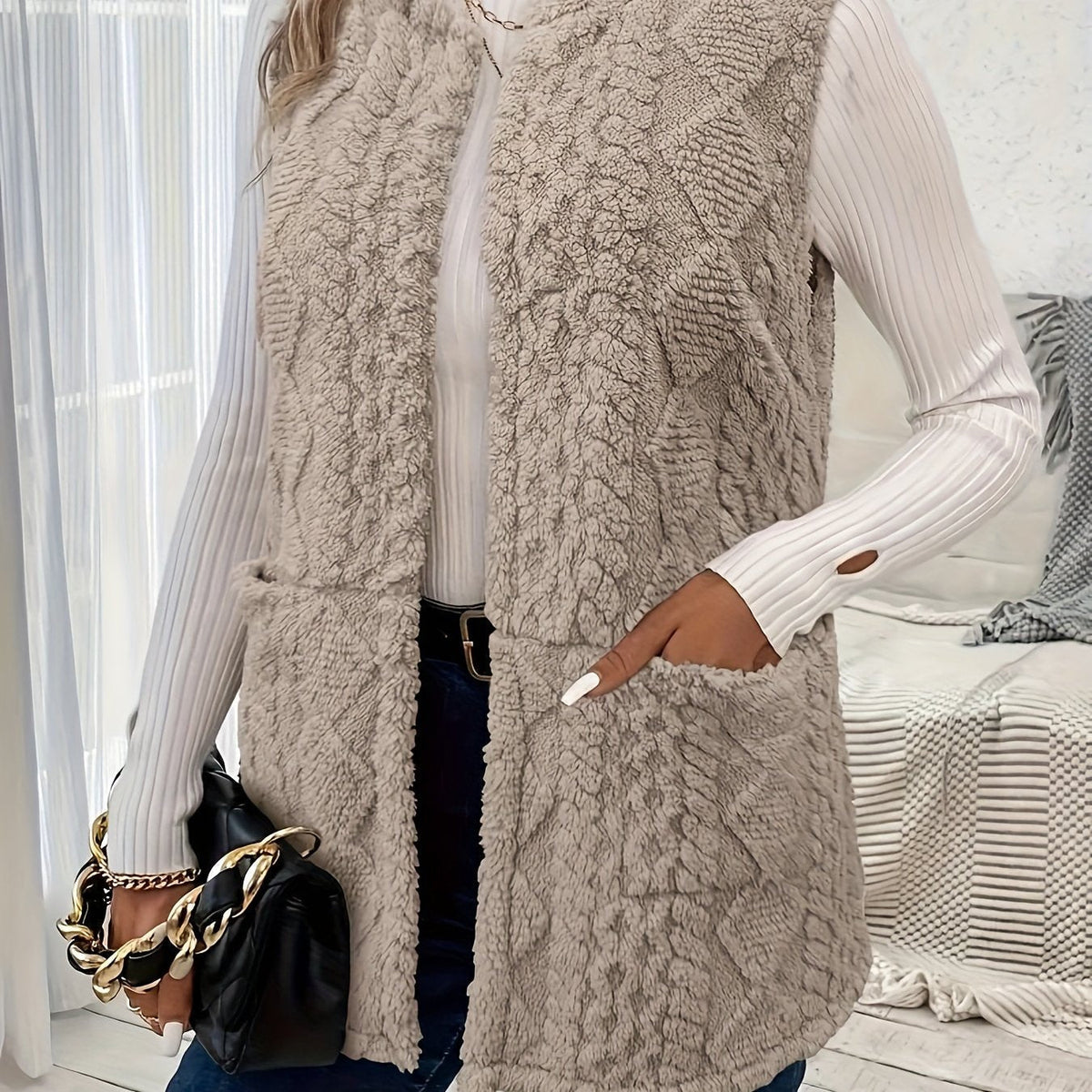 Women's Textured Longline Sleeveless Vest with pockets