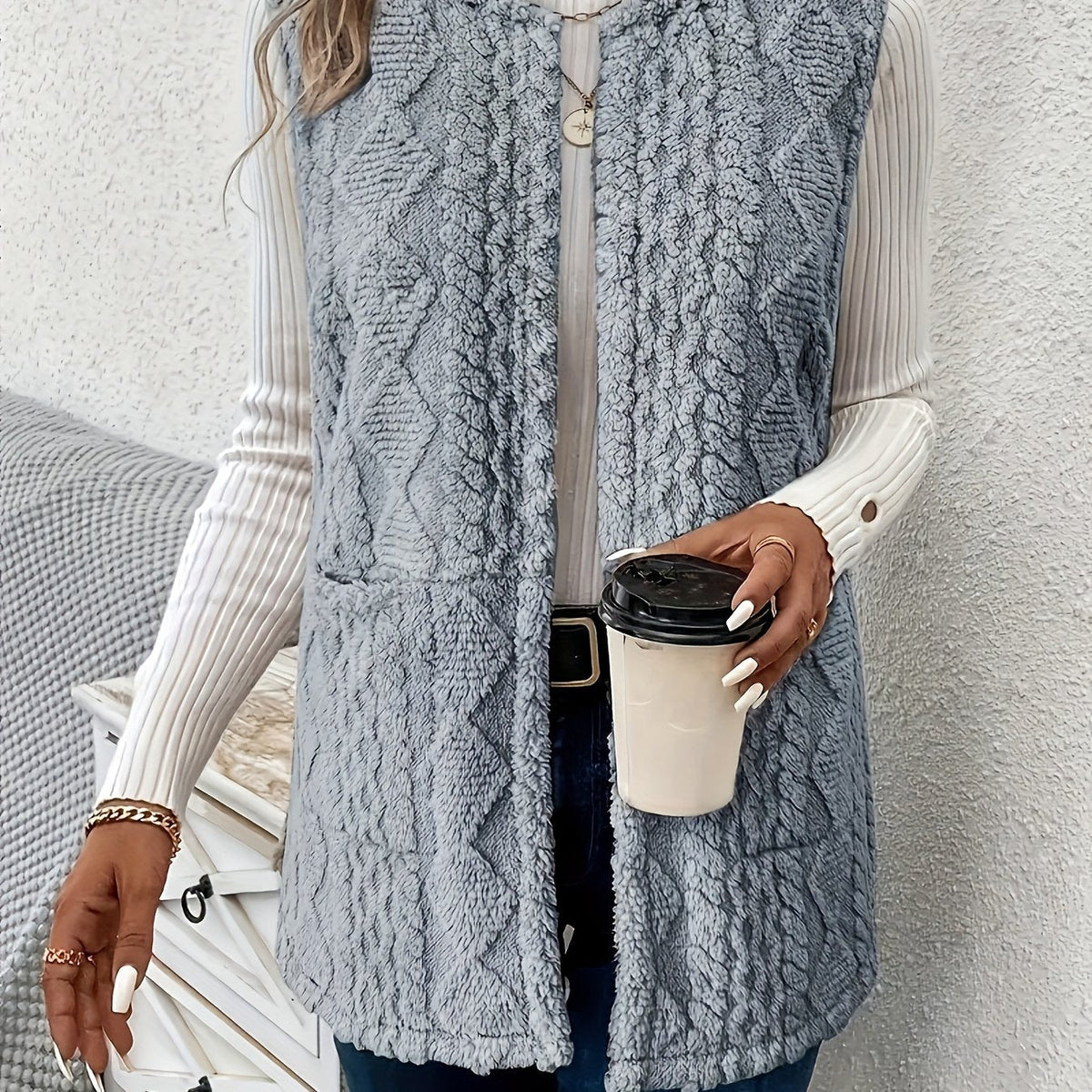 Women's Textured Longline Sleeveless Vest with pockets
