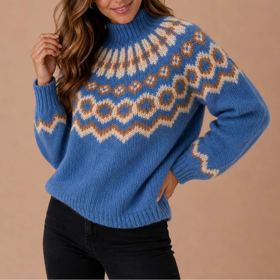 Women’s Turtleneck Winter Knit Jumper with Fair Isle Pattern