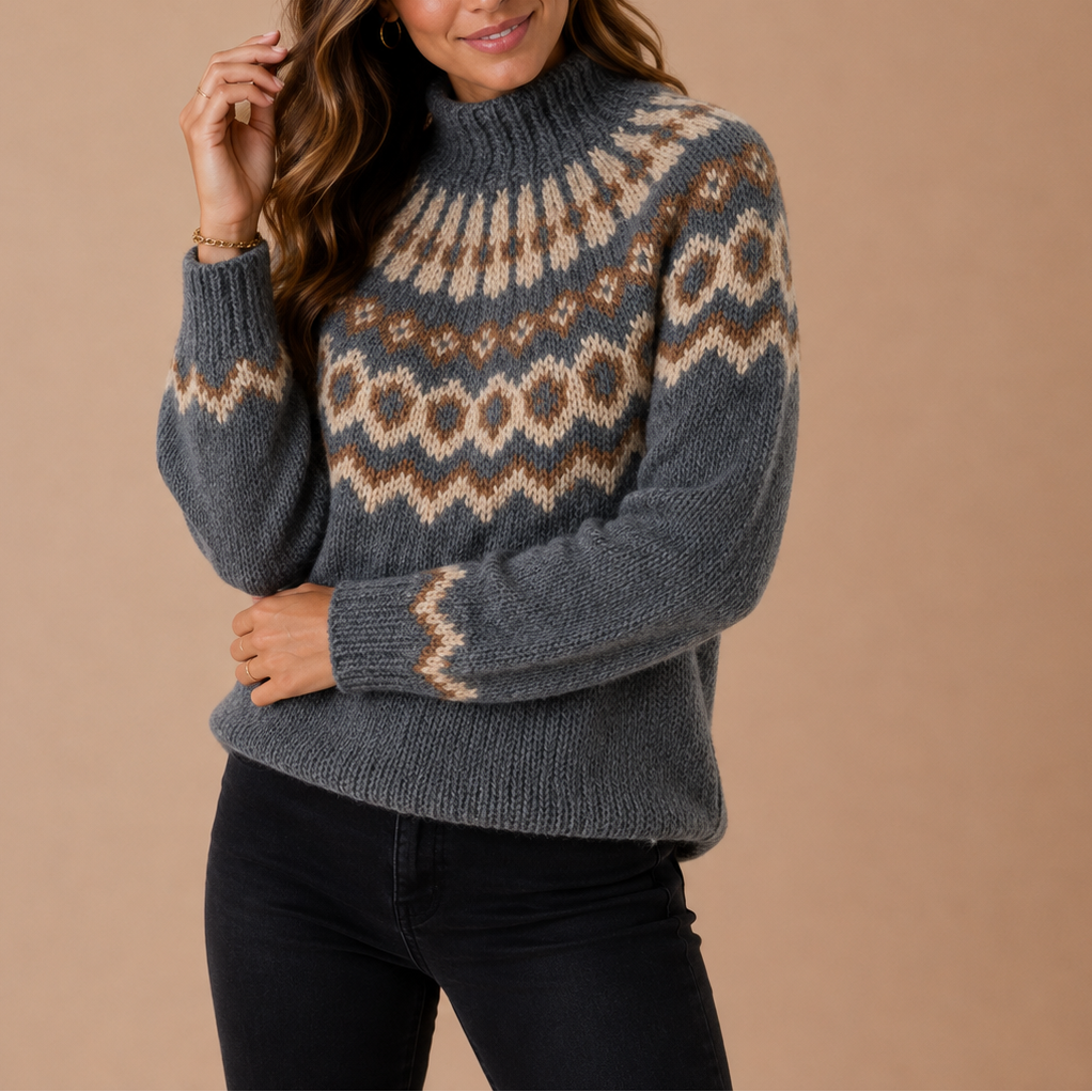 Women’s Turtleneck Winter Knit Jumper with Fair Isle Pattern