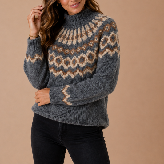 Women’s Turtleneck Winter Knit Jumper with Fair Isle Pattern