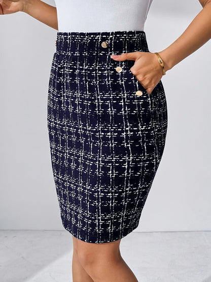 Women's Tweed Check Mini Skirt with Gold Buttons and Pockets