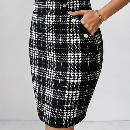 Women's Tweed Check Mini Skirt with Gold Buttons and Pockets