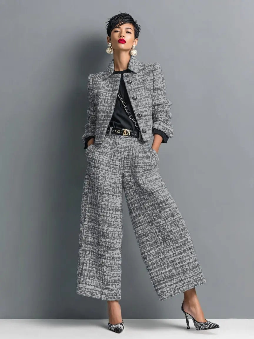 Women's Tweed Two Piece Suit Cropped Blazer Wide Leg Trousers