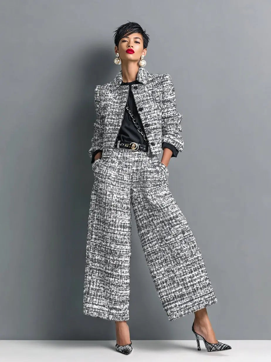 Women's Tweed Two Piece Suit Cropped Blazer Wide Leg Trousers