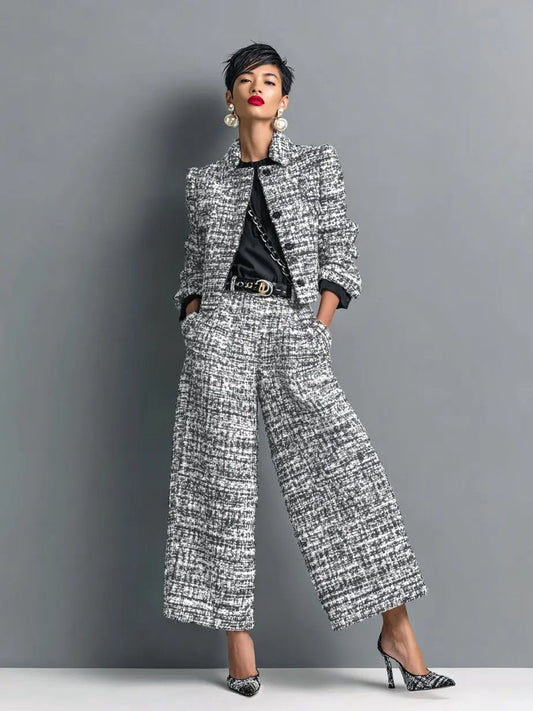 Women's Tweed Two Piece Suit Cropped Blazer Wide Leg Trousers