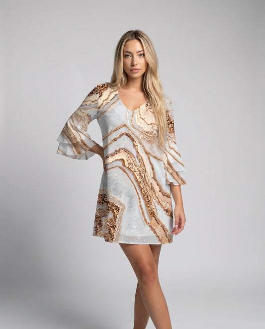 Marble print V-neck A-line mini dress with flare sleeves and relaxed summer styling by ILYNORA