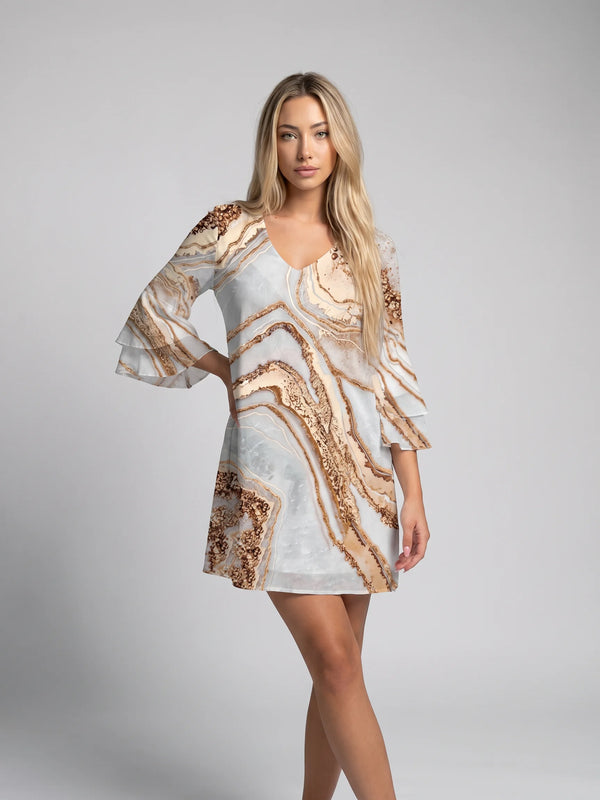 Marble print V-neck A-line mini dress with flare sleeves and relaxed summer styling by ILYNORA