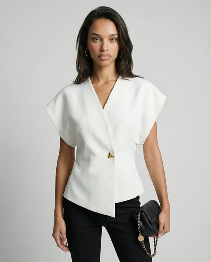 White V-neck blouse for women by Ilynora, front view with button fastening and modern silhouette