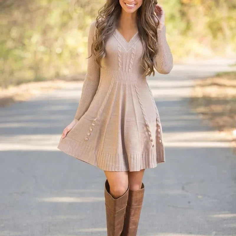 Women's V Neck Knitted Jumper Dress with Ribbed Waist