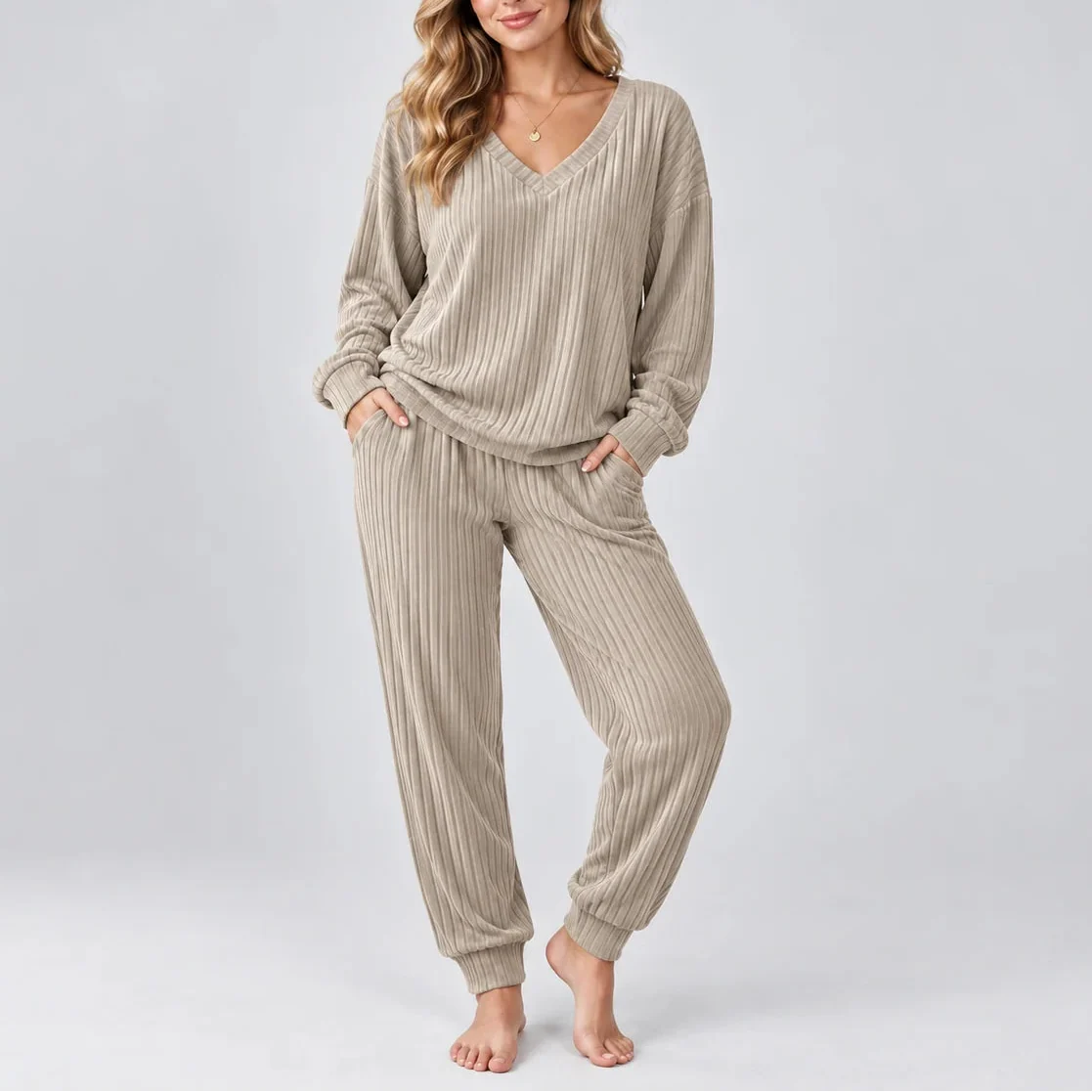 Women's V Neck Long Sleeve Ribbed Lounge Co Ord Set