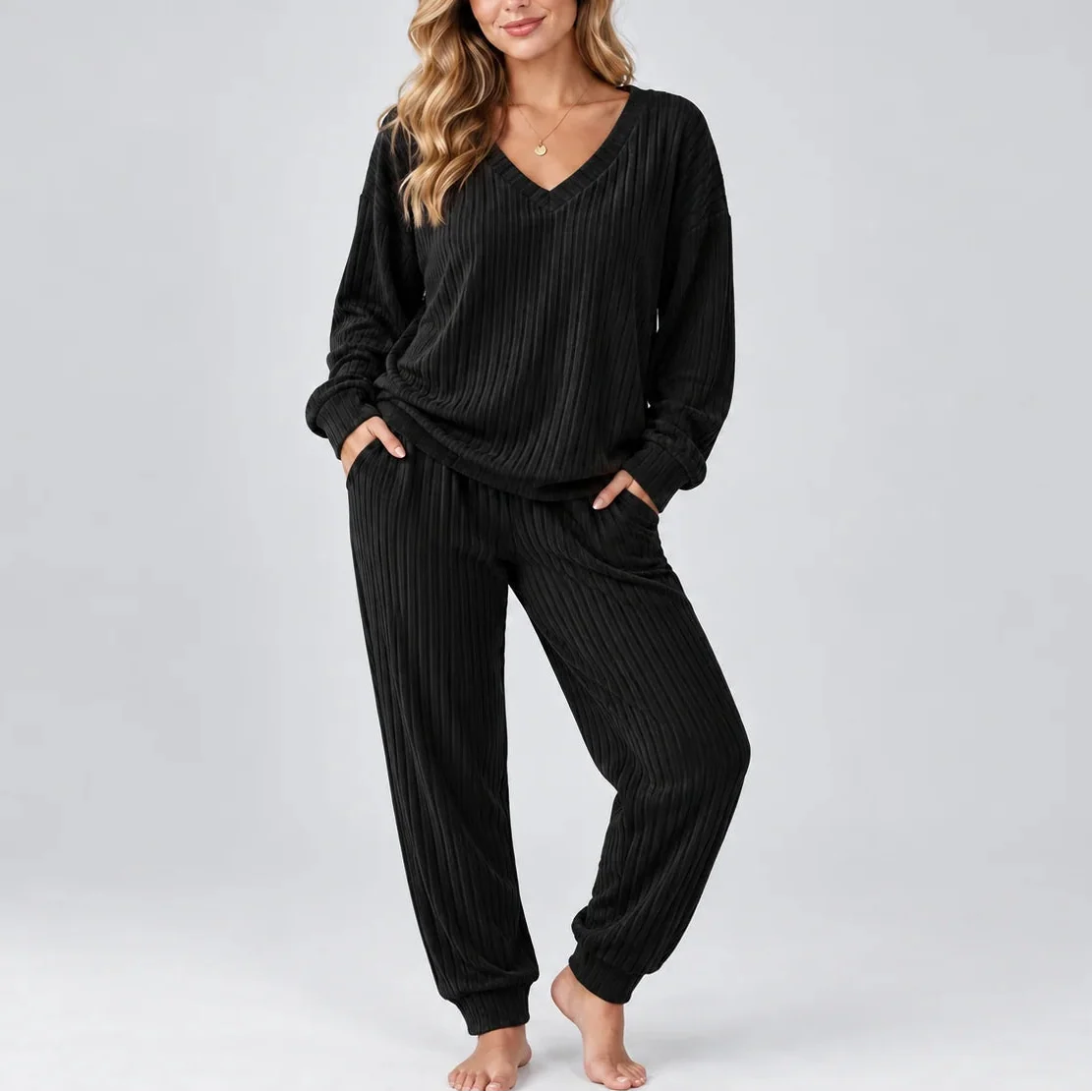 Women's V Neck Long Sleeve Ribbed Lounge Co Ord Set