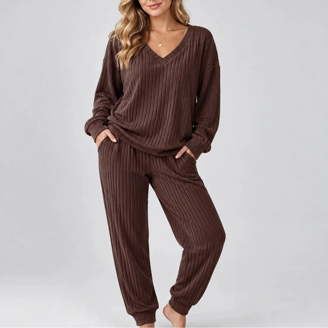Women's V Neck Long Sleeve Ribbed Lounge Co Ord Set