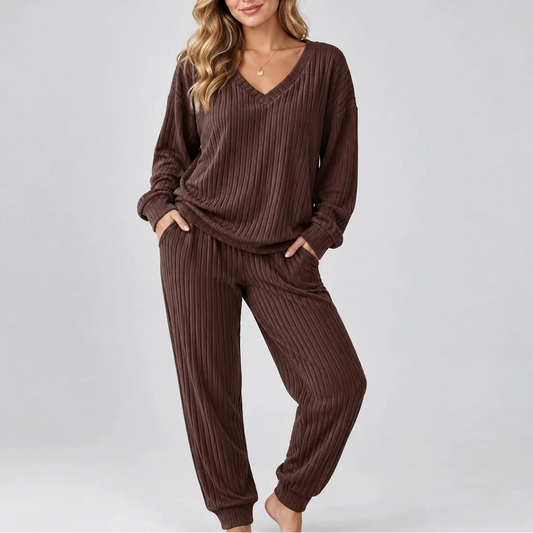 Women's V Neck Long Sleeve Ribbed Lounge Co Ord Set
