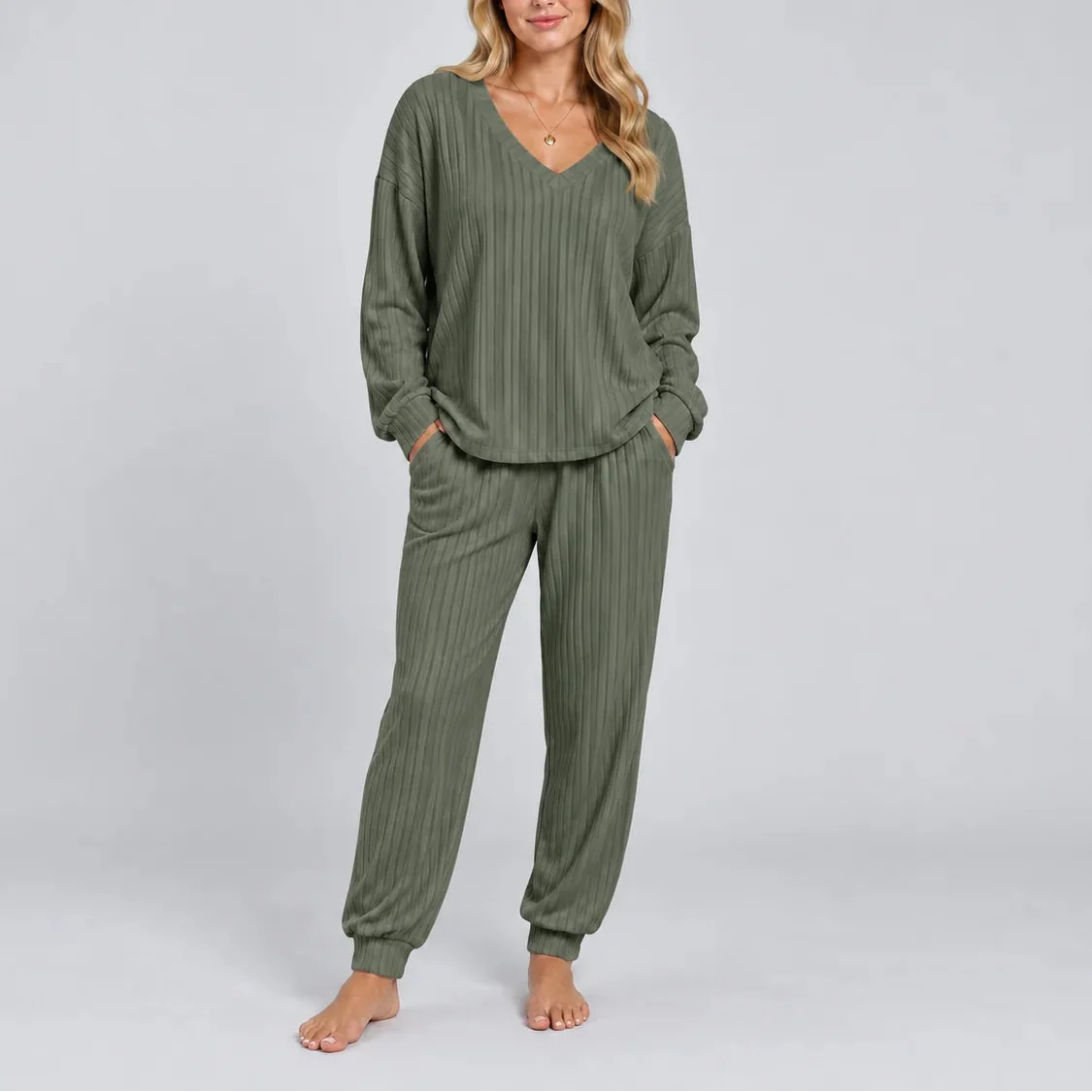 Women's V Neck Long Sleeve Ribbed Lounge Co Ord Set