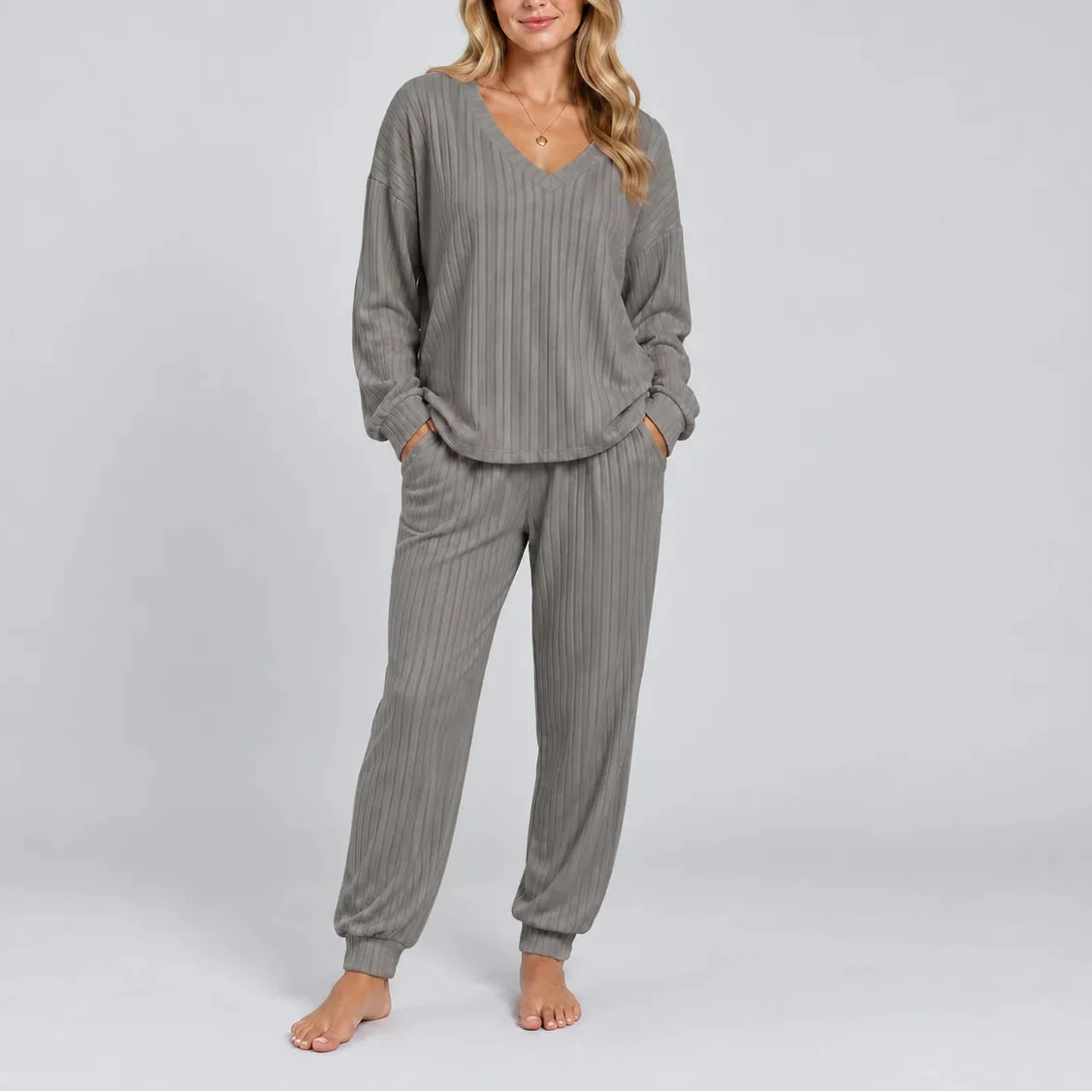 Women's V Neck Long Sleeve Ribbed Lounge Co Ord Set