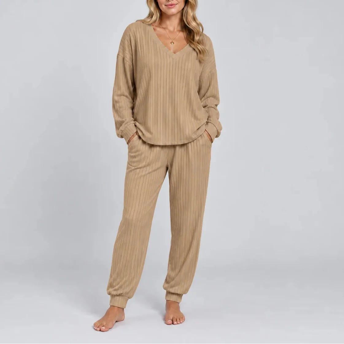 Women's V Neck Long Sleeve Ribbed Lounge Co Ord Set