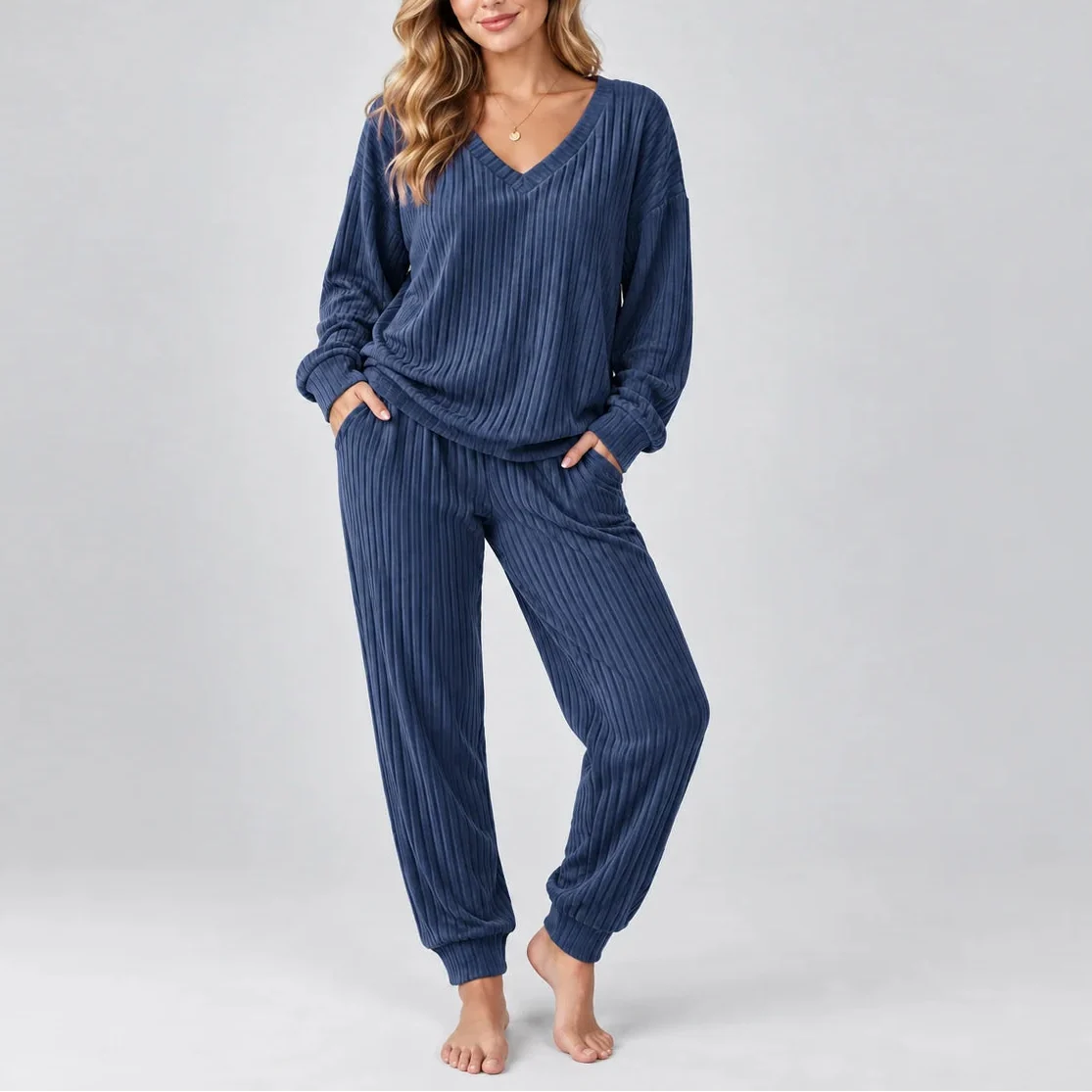 Women's V Neck Long Sleeve Ribbed Lounge Co Ord Set